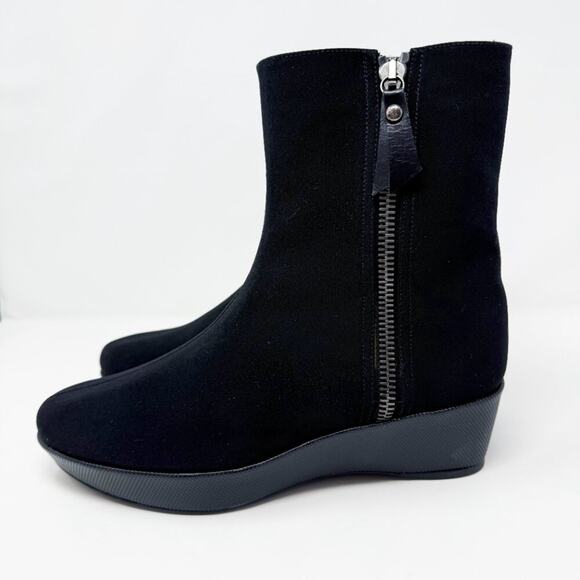 Stuart Weitzman Black Nylon Low Wedge Boots Women's 10.5N Side Zip Made in Spain - Picture 3 of 11
